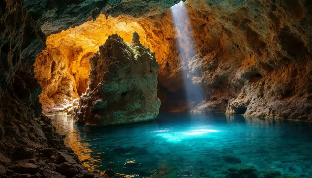 Grotte mystérieuse à Cuba avec formations rocheuses et lumière naturelle