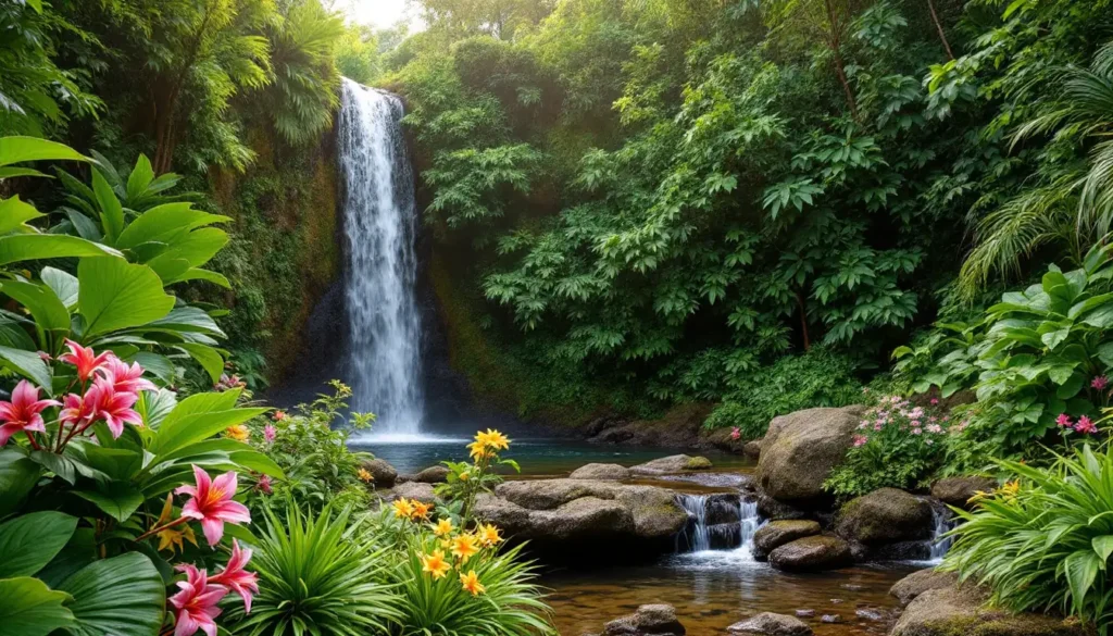Jardin botanique tropical avec cascade minérale et fleurs exotiques à Sainte Lucie