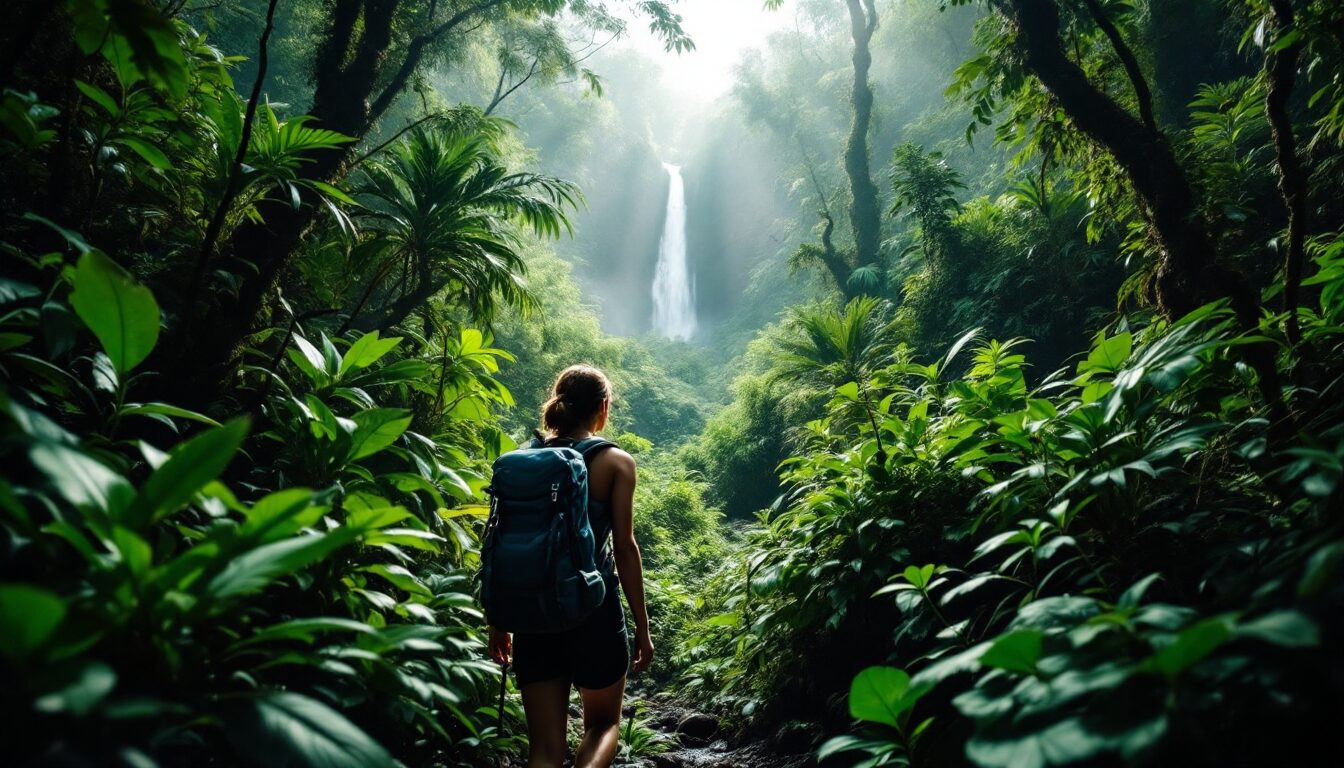 Un randonneur solo marchant à travers une forêt tropicale dense des Caraïbes, Un randonneur solo marchant à travers une forêt tropicale dense des Caraïbes,