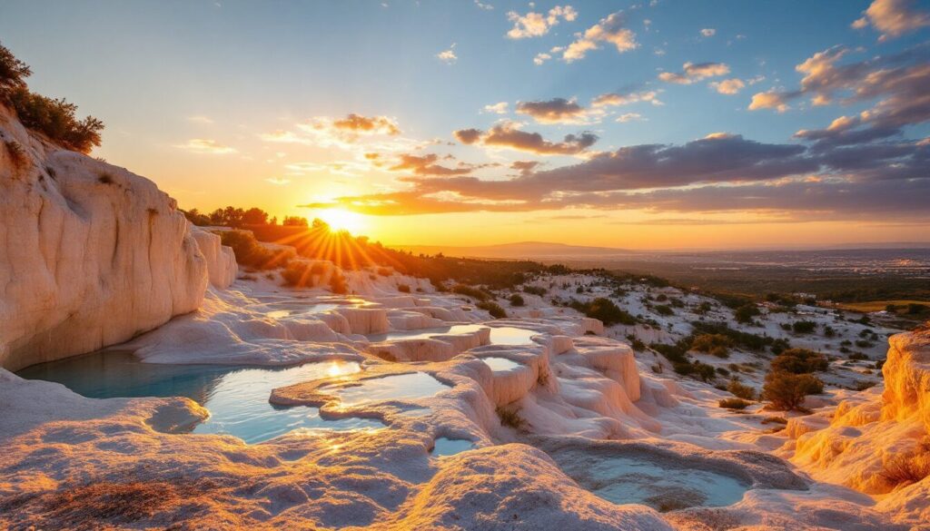 Coucher de soleil sur les travertins de Pamukkale, avec une lumière dorée se reflétant sur l'eau