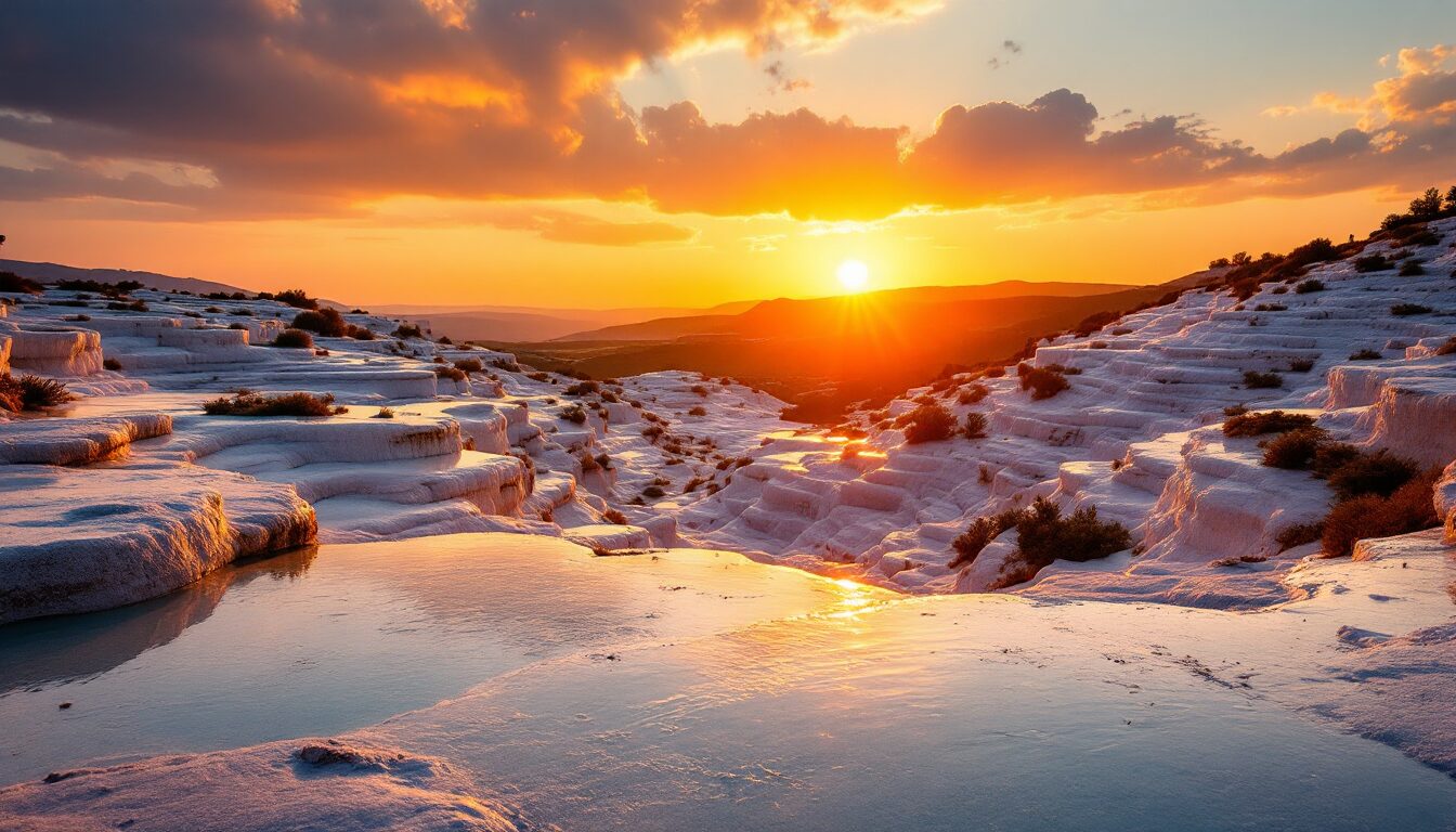 Coucher de soleil sur les travertins de Pamukkale avec une lumière dorée se reflétant sur l'eau