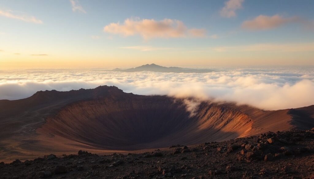 CratĂšre du volcan HaleakalÄ Ă lâaube, nuages en contrebas, lumiĂšre dorĂ©e, paysage lunaire