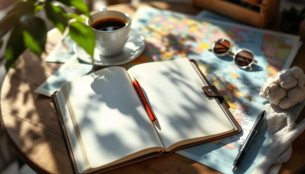 Un carnet de voyage ouvert sur une table en bois avec des cartes, lunettes de soleil et une tasse de café, lumière naturelle douce