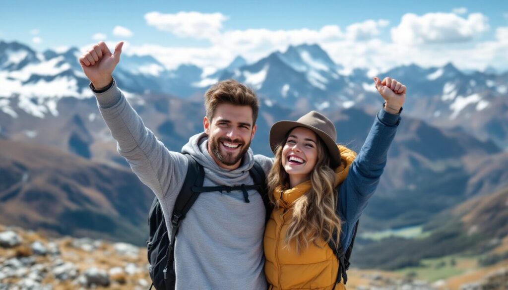 Un couple souriant au sommet d’une montagne, bras levés, panorama grandiose en arrière plan