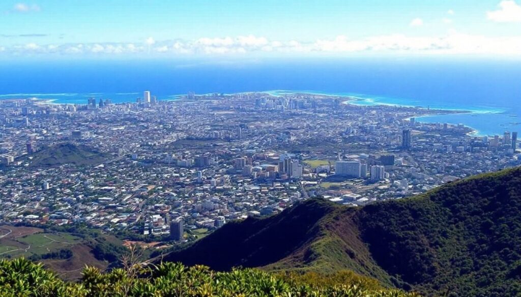Vue panoramique depuis Diamond Head, Honolulu en bas, ciel dégagé, océan scintillant