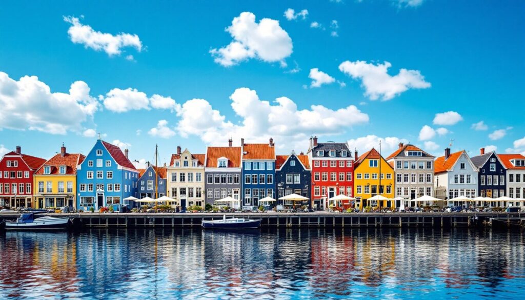 maisons colorĂ©es au bord de lâeau Ă willemstad, ciel Ă©clatant, reflets dans lâeau calme
