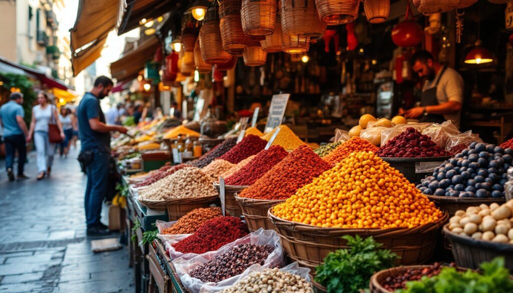 marché local animé à fort de france avec épices colorées et lumiÚre naturelle chaude