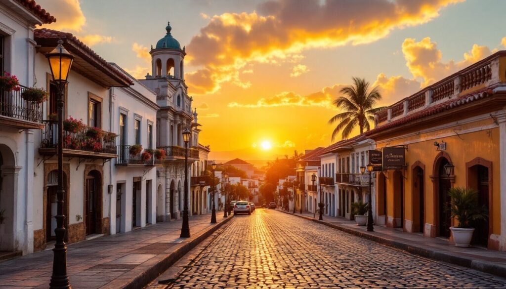 rue pavée de san juan avec bùtiments coloniaux, coucher de soleil doré, ambiance tropicale