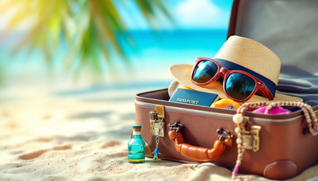 valise ouverte avec accessoires tropicaux, passeport, lunettes de soleil, fond clair et lumineux
