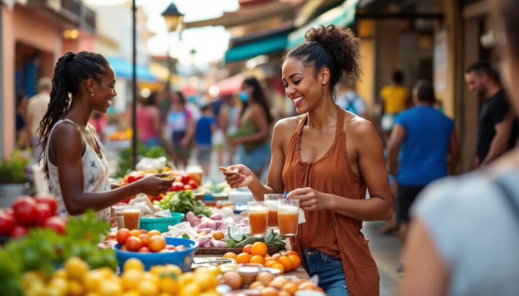 Scène de marché à Curaçao, avec touristes souriants utilisant la nouvelle monnaie locale