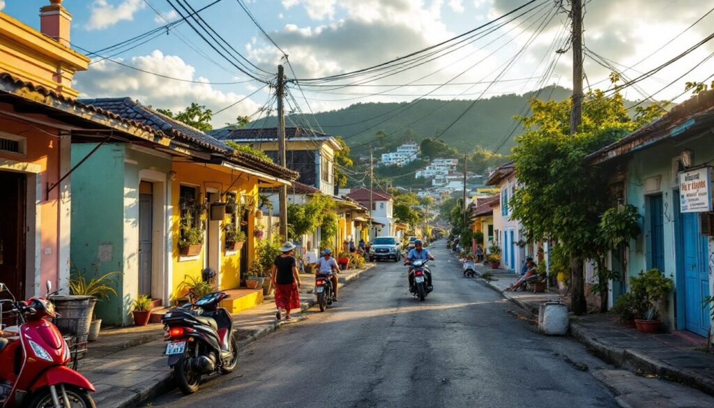Scène de rue typique à Port of Spain, avec vendeurs locaux, maisons colorées et lumière dorée de fin d’après midi