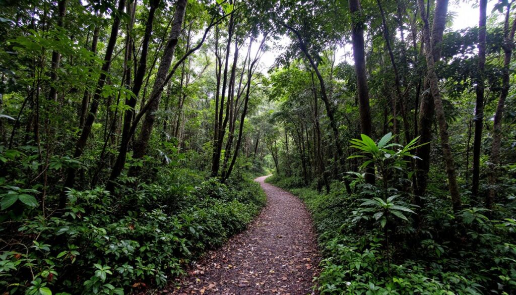 Sentier écologique au cœur d’une forêt tropicale caribéenne, lumière douce filtrée par les arbres, sans présence humaine.