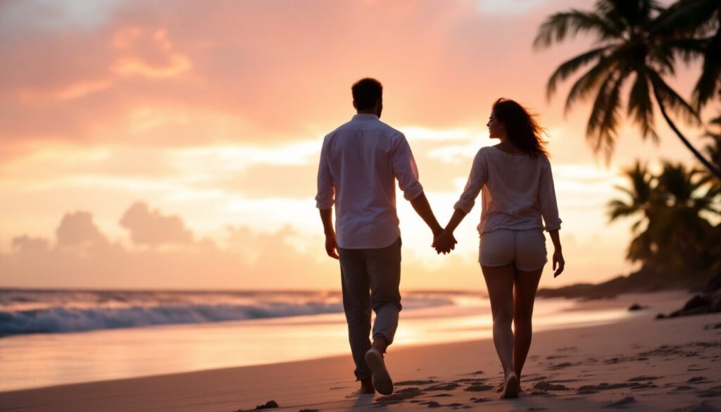 Un couple marchant main dans la main sur une plage au coucher du soleil à Tobago, ambiance chaleureuse, ciel rose orangé, palmiers en silhouette