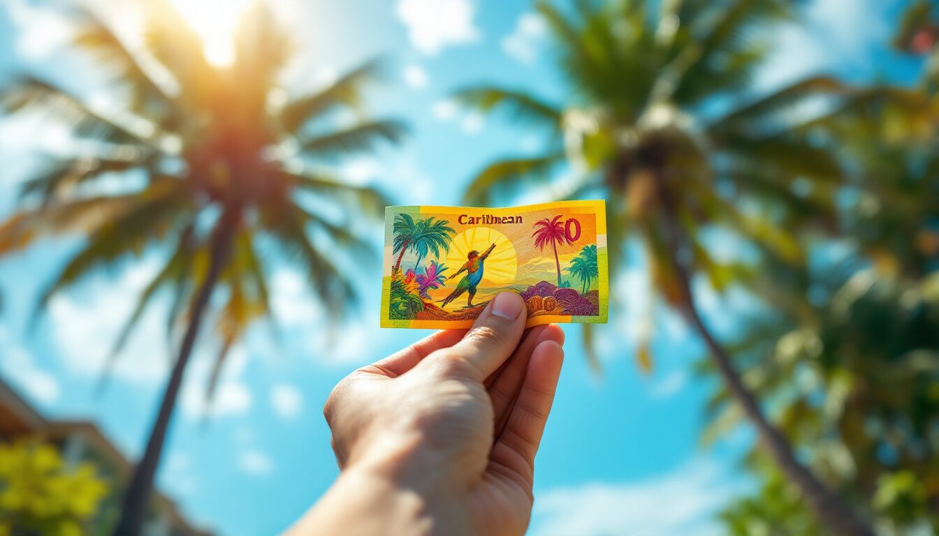 Une main tend un billet coloré de florin des Caraïbes sous un ciel tropical éclatant